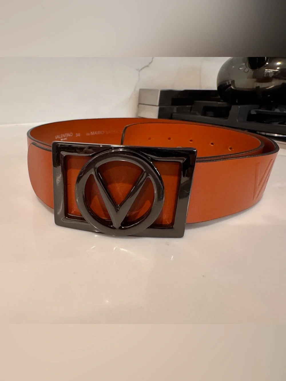 Valentino Orange Leather Belt with Signature V Buckle